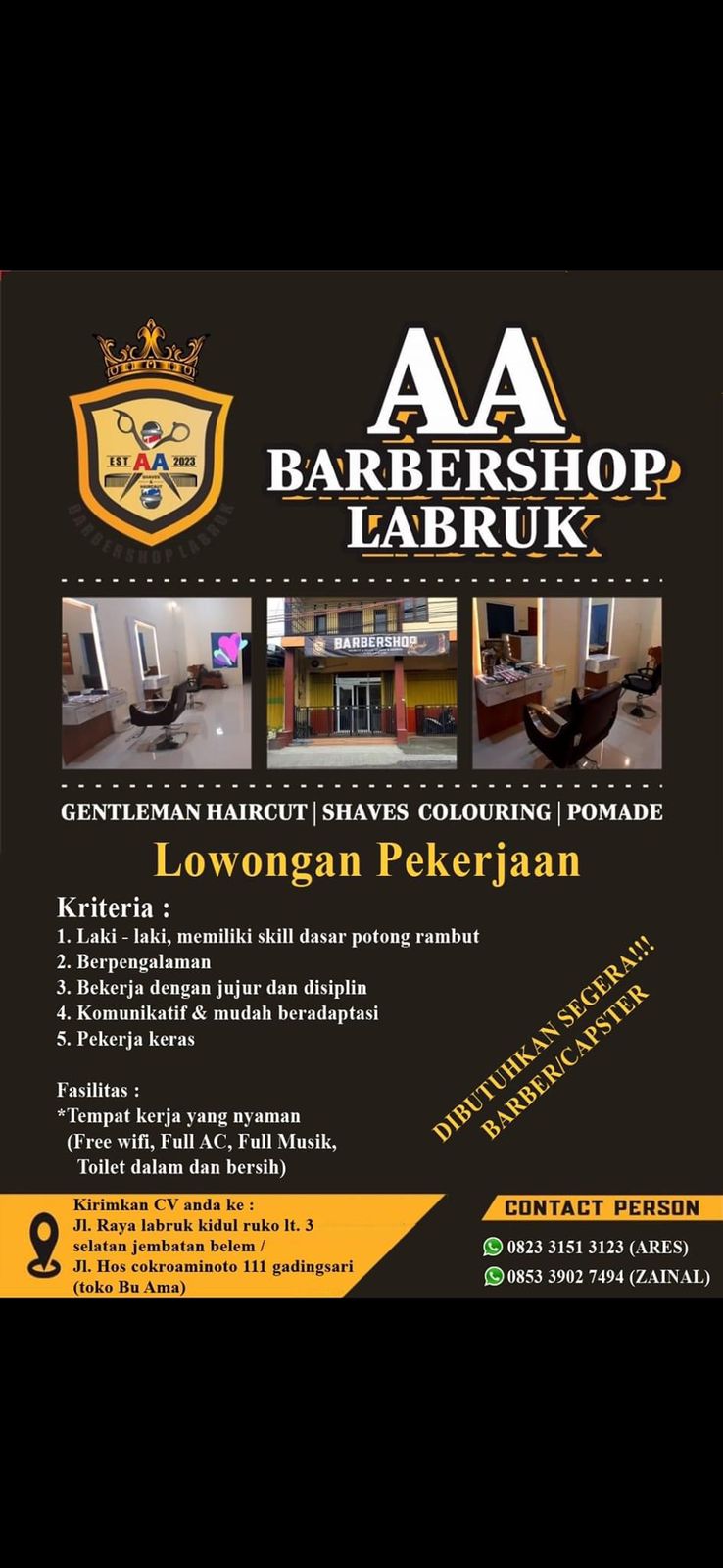 LOWONGAN KERJA AA BARBERSHOP LABRUK 