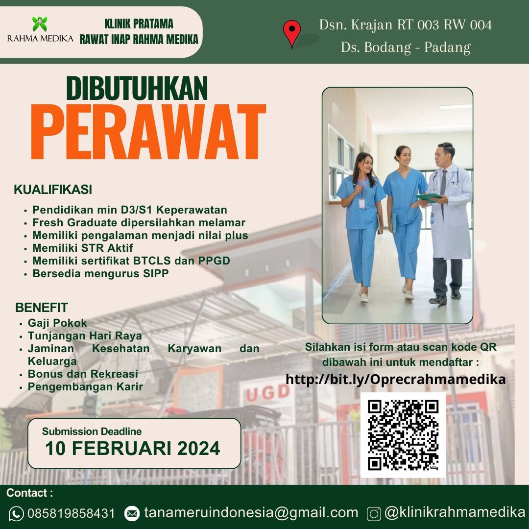 LOWONGAN KERJA PERAWAT DI KLINIK PRATAMA RAHMA MEDIKA